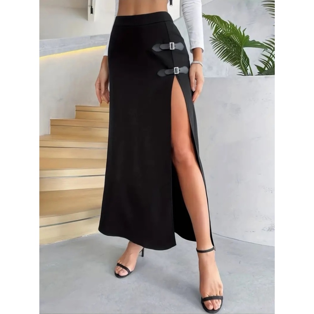 BNWT Isabelle LaRue Black High Waist Maxi Skirt With Long Leg Slit